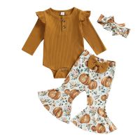 Pudcoco 3Pcs Infant Baby Girl Fall Outfits Long Sleeve Romper + Pumpkin Bell Bottoms + Headband Set Winter Outfit 0-18M  by Hs2023