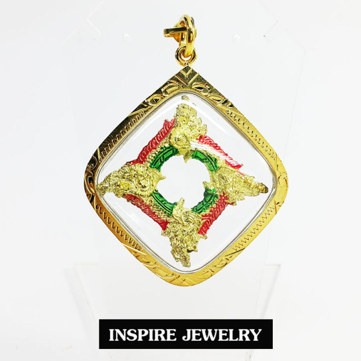 inspire-jewelry-จี้พญานาคสี่ตระกูล-ทองลงยา-กรอบทองตอกลาย-พร้อมถุงกำมะหยี่