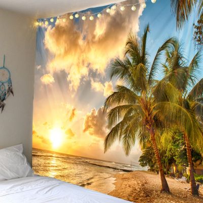 【CW】۞☾  Hot coconut tree beach tapestry decoration background wall hanging cloth super large size optional