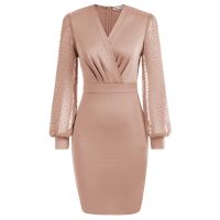 【YF】 Grace Karin Sexy Fashion Females Bodycon Dress Long Swiss Dot Sleeves Surplice V Neck Hips Wrapped Dresses Elegant Ladies