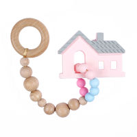 1pc Wooden Rattle Toy Holder Teething Pendant Wooden Rodent Silicone Beads Necklace Clip Stroller Arch Accesories