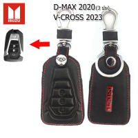 ปลอกกุญแจรีโมทรถอีซูซุ Isuzu  D-MAX ปี 2020 /V-Cross 2023 Smart key 3 ปุ่ม เคสหนังแท้หุ้มรีโมท ซองหนังแท้่ใส่กุญแจรถยนต์กันรอยกันกระแทก สีดำด้ายแดง