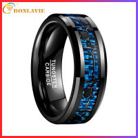 BONLAVIE Mens 8mm Blue Carbon Fiber Heartbeat Black Tungsten Carbide Ring Comfort Fit US Ring Size 7 to 12