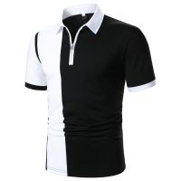 Men Short Sleeve Polo Shirt Two-Color Longitudinal Splicing Design Streetwear Casual Fashion Business Men Zipper Polo