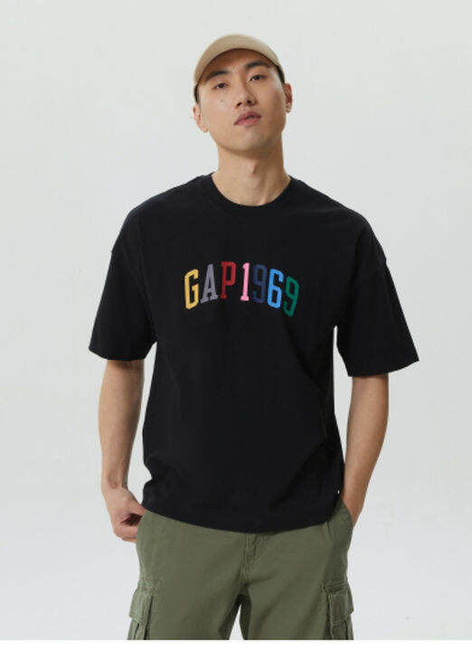 gap-2023ใหม่ของผู้ชายเสื้อยืดโลโก้แขนสั้น602975ผ้าฝ้ายบริสุทธิ์เงาด้านบน