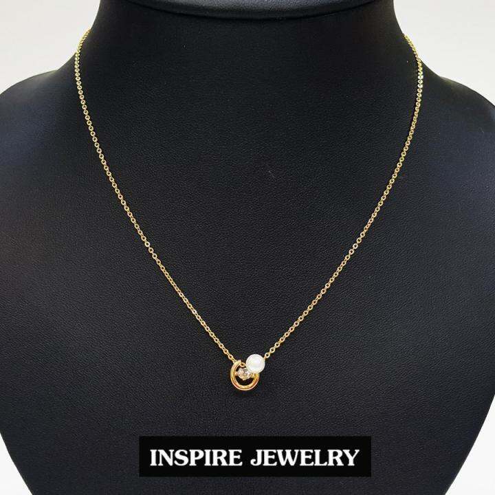 inspire-jewelry-ชุดเซ็ททองชมพูจี้มุกหนึ่งเพชร-และเพชรcz-เพชรหนึ่งเม็ด-สวยเกรด-aaa-sizeสร้อยคอยาว-16-งานแบบร้านเพชร