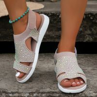 Crystal Mesh Knitting Flat Heel Sandals Women Casual Back Strap Roman Sandalias Woman 2023 Summer Cut Out Platform Walking Shoes