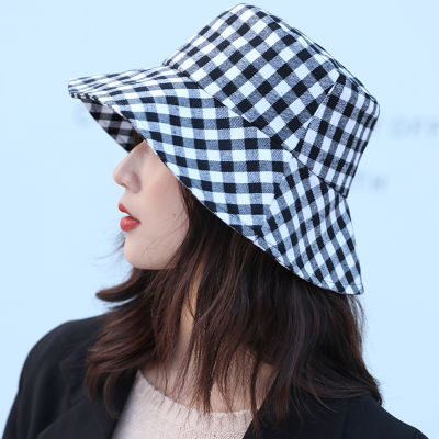 2022 nd Black White Plaid Check Bucket Hats Girls Wide Brim Fisherman Caps Fashion Women Ladies Casual Travel Sun Beach Hat