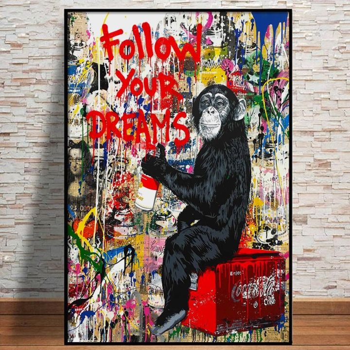 1-ชิ้น-banksy-art-ติดตามความฝันของคุณลิงโปสเตอร์-graffiti-street-wall-ภาพวาดผ้าใบและพิมพ์ภาพสัตว์
