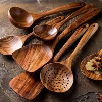 ஐ✠♦ Thailand Teak Natural Wood Tableware Spoon Ladle Turner Long Rice Colander Soup Skimmer Cooking Spoons Scoop Kitchen Tools Set