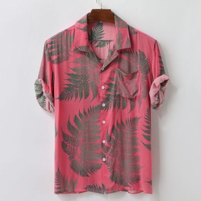 เสื้อเบลาส์เสื้อยืดสีชมพูเสื้อฮาวายชายแขนสั้นพิมพ์ลายใบไม้,เสื้อทรงหลวมกระดุม2022ฤดูร้อน
