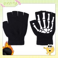 QIEPING เรืองแสง เรืองแสงในความมืด ยืด ถุงมือไร้นิ้ว Warm Grip Skeleton Skull Winter Mittens