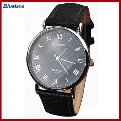 Bluelans®ตัวเลขโรมันของผู้ชายกดหนัง Faux วงควอทซ์อะนาล็อกธุรกิจนาฬิกาข้อมือ