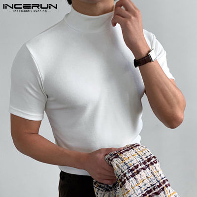 INCERUN เสื้อเบลาส์แขนสั้นสำหรับผู้ชาย,เสื้อยืดทรงสปอร์ตสีพื้นสไตล์เกาหลี
