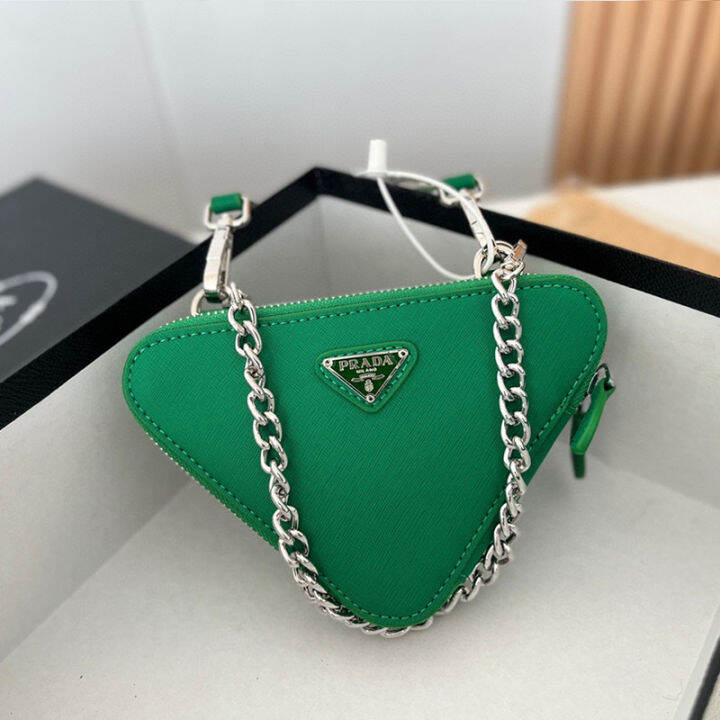 Prada Triangle Mini Leather Pouch Bag in Green