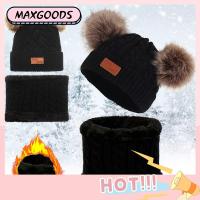 MAXG Autumn Winter Girls And Boys Children Thick Knitteed Fake Ball Hat Scarf Set Kids Beanie Cap