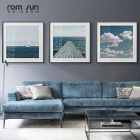 Nordic Blue Sky Sea ประภาคารเมฆโปสเตอร์ภาพวาดผ้าใบพิมพ์ Seascape Wall Art รูปภาพสำหรับห้องนั่งเล่นห้องนอน HD โมเดิร์น