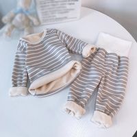 2Pcs Fall Winter Pajama Suit Set Children Boys Girls Fleece Long Sleeve Tops + Long Pants Loungewear