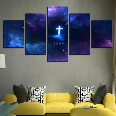 Believe In Blue Jesus Christ Cross Canvas Prints - Wall Art Decor Picture Poster For Home - 5 Pieces - No Frame