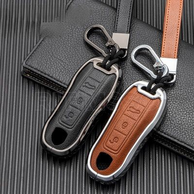 หุ้มกุญแจรถอัลลอย + หนังกระเป๋าเปลือกสำหรับ Porsche Macan 911 Panamera Carrera Taycan อุปกรณ์เสริมสำหรับป้องกัน