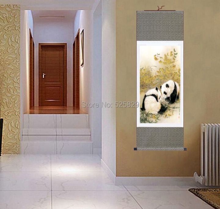 ขายดี-จิตรกรรมจีนโบราณภาพติดผนังหมีแพนด้ากรอบม้วนผ้าไหมขนาดใหญ่ตกแต่งศิลปะตกแต่งผนังบ้านคุณภาพสูงในอนาคต