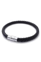 Stainless Steel Leather Bracelet, Braided Leather Bracelet, for Men Women, Black - Width 6mm - Length 19cm