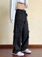 ♠♤ American retro multi-pocket overalls mens loose straight-leg drape summer all-match casual wide-leg long pants mens models