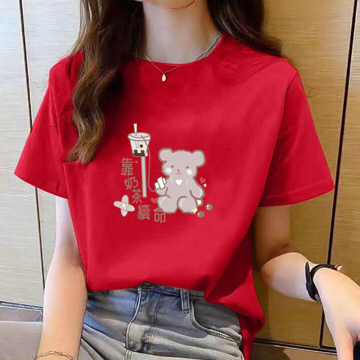 เสื้อสำหรับแขนสั้นสำหรับสตรีฤดูร้อนใหม่สีแดงพิมพ์ลายคอกลมถุงเสื้อยืดผู้หญิงแฟชั่นเรียบง่ายลำลองไซส์ใหญ่พิเศษ