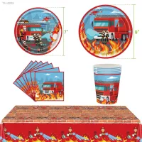 ☋ Fire Truck Theme Disposable Tableware Kids Birthday Party Paper Plate Cup Napkin Fireman Boy Baby Shower Party Decor Supplies