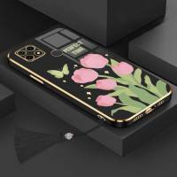 เคสสำหรับ Realme C21Luxury ทิวลิปพร้อมการป้องกันกล้องผีเสื้อขอบชุบเคสโทรศัพท์ซิลิโคนนิ่มพร้อมฟรีสายคล้อง