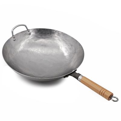 Traditional Hand Hammered Carbon Steel Pow Wok with Wooden and Steel Helper Handle Round Bottom