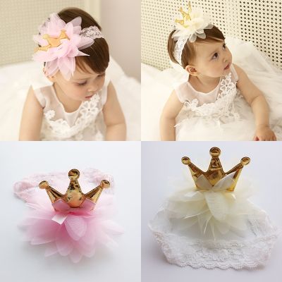 【YF】 New Pink And Beige Crown Flowers Hairbands Girls Headwear Children Headbands Elastic Hair Band Kids Accessories