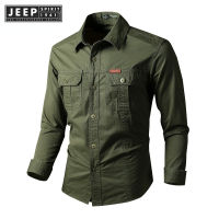 JEEP SPIRIT 1941 ESTD เสื้อเชิ้ตแขนยาวผู้ชายทรงหลวม,เสื้อเชิ้ตผ้าฝ้ายฟอกแนววินเทจมีหลายกระเป๋าใส่เครื่องมือธุรกิจ