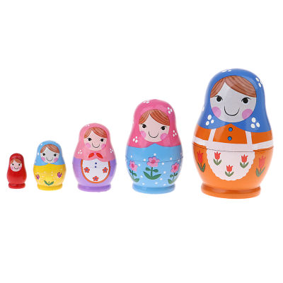 Dolity 5ชิ้นตุ๊กตาไม้ Babushka ตุ๊กตาแม่ลูกดกของรัสเซียเพ้นท์ด้วยมือสีสดใส