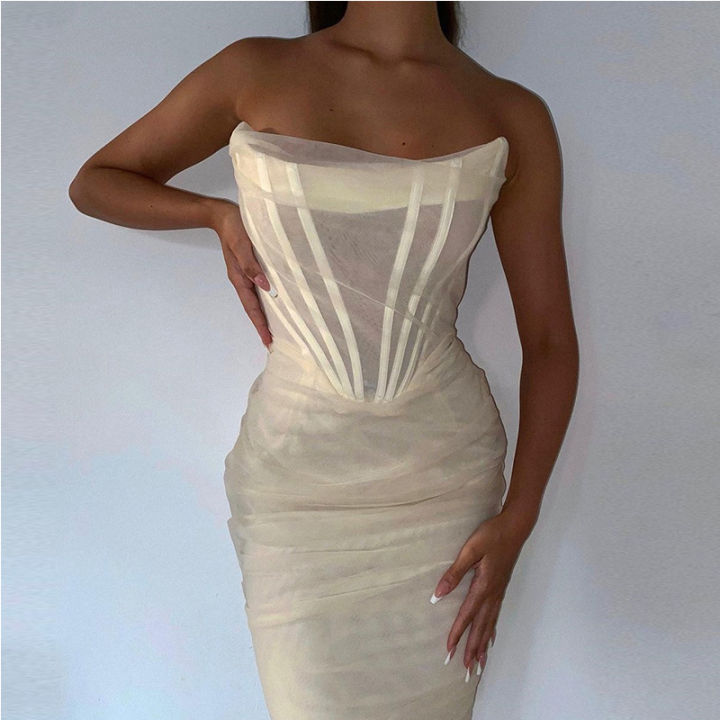2021Elegant Corset Bustier Bone Ruched Mesh Midi Dresses Party Night Club Sexy Backless Strapless Summer Dress Bodycon