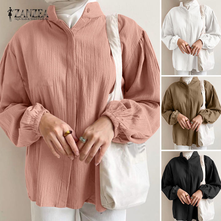สินค้ามาใหม่-จัดส่งฟรี-fancystyle-zanzea-muslimah-ผู้หญิงเสื้อตัวหลวมแบบมุสลิม-abaya-kaftan-แขนพัฟเสื้อยืดคอกลมพิมพ์ลายหลวมเสื้อเชิ้ตเรียบง่าย