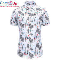 Cozy ฮาวายสไตล์ Lengan Pendek Baju Fesyen Leaf พิมพ์เส้นใยโพลีเอสเตอร์