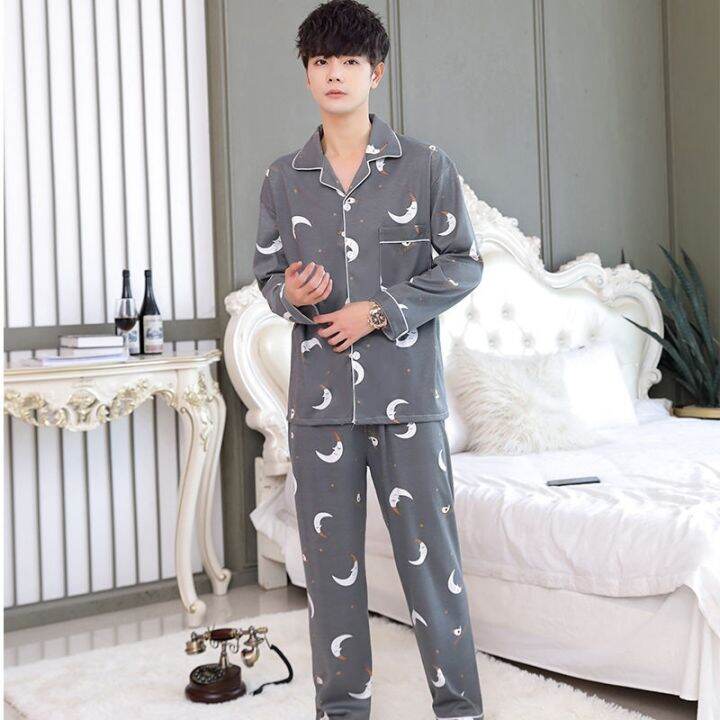 muji-high-quality-pajamas-mens-long-sleeved-summer-thin-cardigan-set-mens-clothes-dad-spring-and-autumn-youth-middle-aged-plus-size-loose-suit