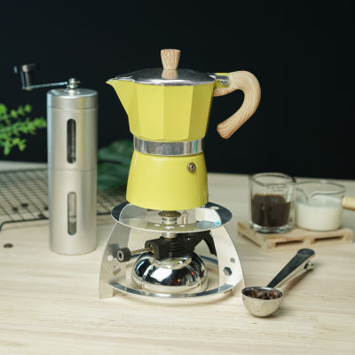 (สีเหลือง) ชุดเตาแก๊สมินิ + กาต้มมอคค่าพอท Moka pot + เครื่องบดมือหมุน + 2-1 ช้อนตักกาแฟ