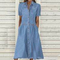 HOT★Multi Pocket Long Dresses For Women Summer Multi Button Fashion Vestidos Skirt Casual Denim Causal Womens Dress جديد في فساتين