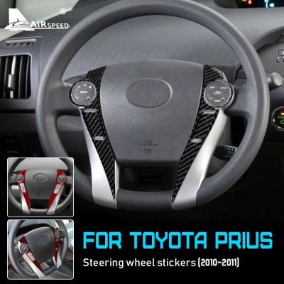 AIRSPEED Carbon Fiber For Toyota Prius 2010 2011 Accessories Interior Trim Car Steering Wheel Accent Button Cover Frame Sticker