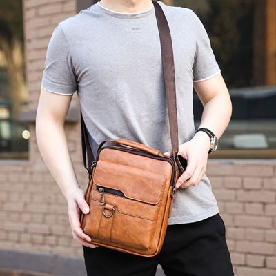 Men Tote Bag PU Leather Business Handbags Multi-pockets Casual Vintage Waterproof Portable Large Capacity for Weekend Vacation
