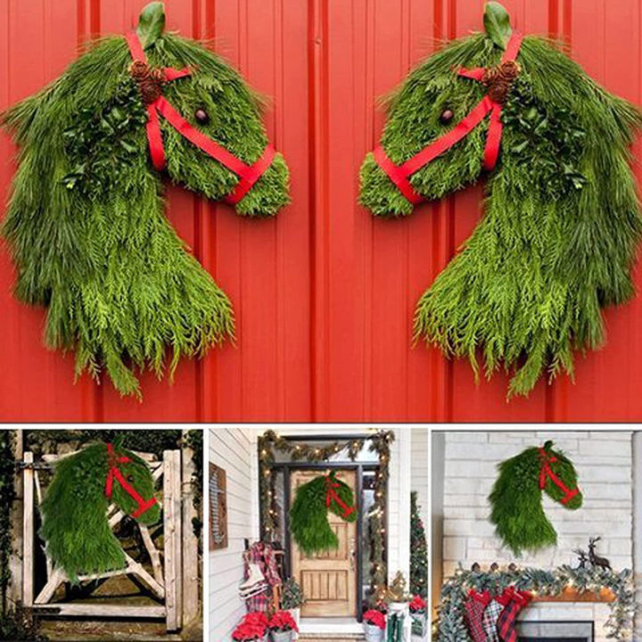 พวงมาลาแขวนหัวม้าคริสต์มาสบ้านในฟาร์มน้ำพุเขียวขจีที่แขวนประตูม้าสำหรับติดผนังหน้าต่างสวนในร่ม