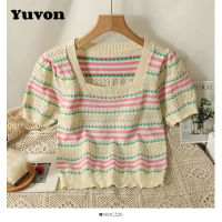 Yuvon French Sweet Square Neck Stripe Short Sleeve Knit blouse Womens 2023 Summer New Slim Fit Short T-shirt Top