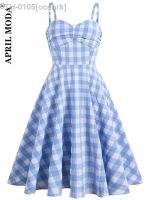 ◊❏✓ ocehrk Xadrez azul feminino estampado com cinta de spaghetti vestido verão balanço em linha vestidos vintage retrô rockabilly festa 2022