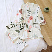 2021 new Japanese kimono suit pajamas spring and summer ladies cotton three-quarter sleeves big flowers home clothes thin loose