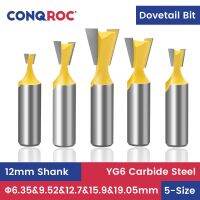 12mm Shank Dovetail Router Bits Set ทังสเตนคาร์ไบด์เครื่องตัดมิลลิ่งงานไม้ชุดเส้นผ่านศูนย์กลาง 5 ขนาด 6.35 9.52 12.7 15.9 19.05 มม