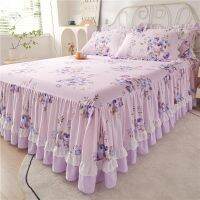 Flower Printed 100 Cotton Bedspread Mattress Cover Purple Ruffle Princess Home Lace Bedding Bed Skirt SheetNO Pillowcases