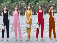 D20-223 Jumpsuit จั้มสูทแขนกุด ขายาว ผ้าบลูเวฟ ไหล่ 2 ข้าง แต่งโบว์