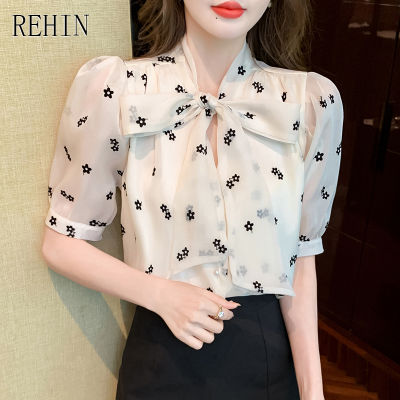 REHIN เสื้อเชิ้ตแขนสั้นมีปกของผู้หญิง,เสื้อชีฟองหรูหราแขนพองเวอร์ชันเกาหลีใหม่แนวเรโทร